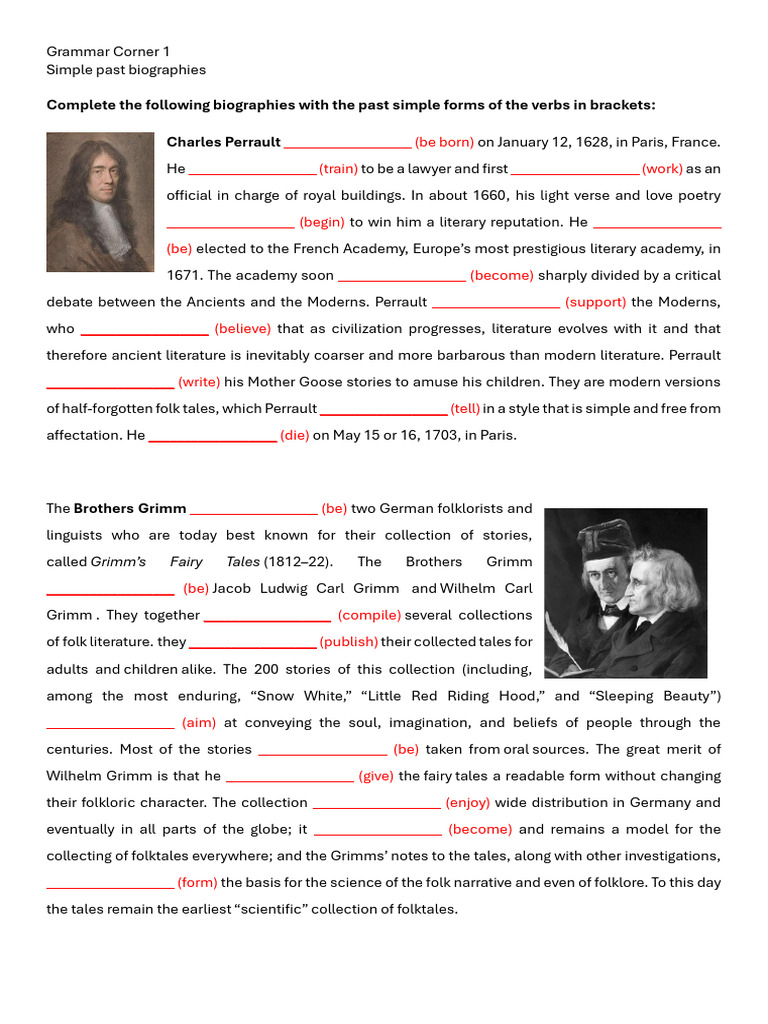 Simple Past Biography Exercises | PDF | Brothers Grimm | Charles Perrault