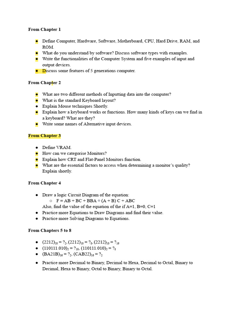 Important topics from chapters 1 to 8 pdf