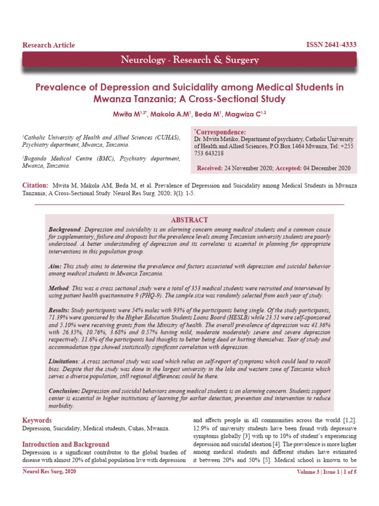 Depression in Tanzanian Med Students | PDF | Major Depressive Disorder