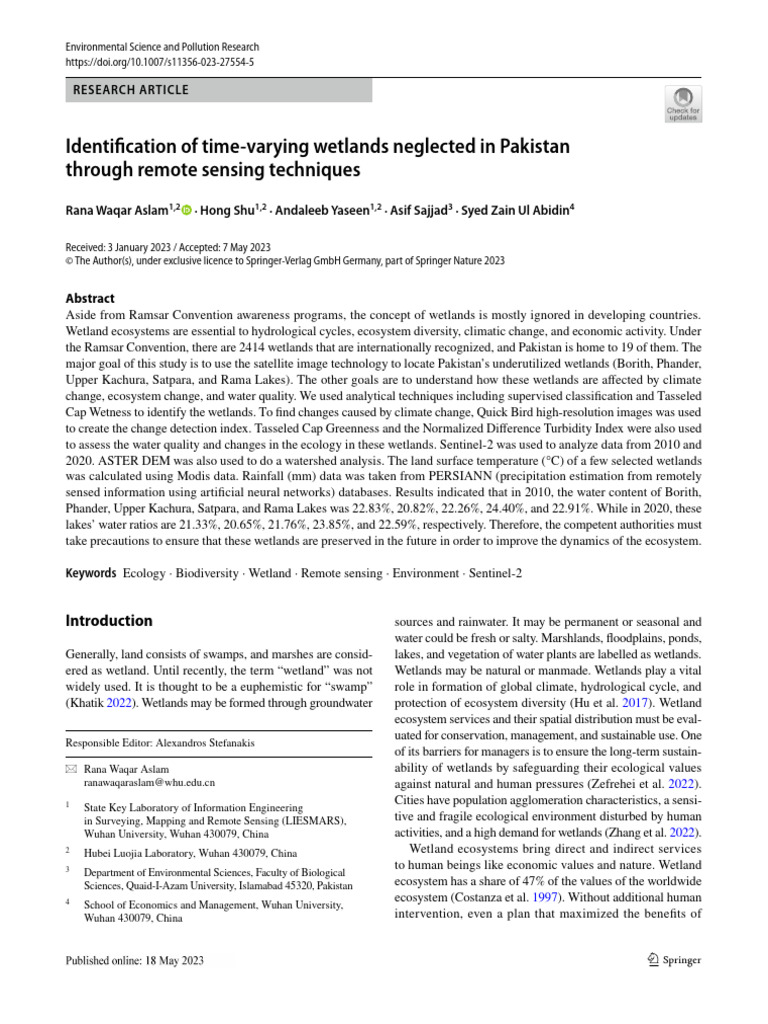 Identifcation of Time‑Varying Wetlands Neglected in Pakistan | PDF ...