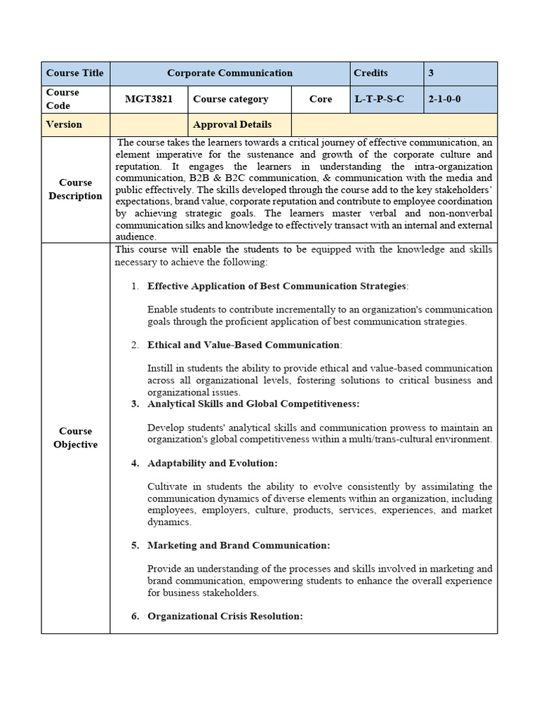 Corporate Communication Course Syllabus | PDF | Communication | Marketing
