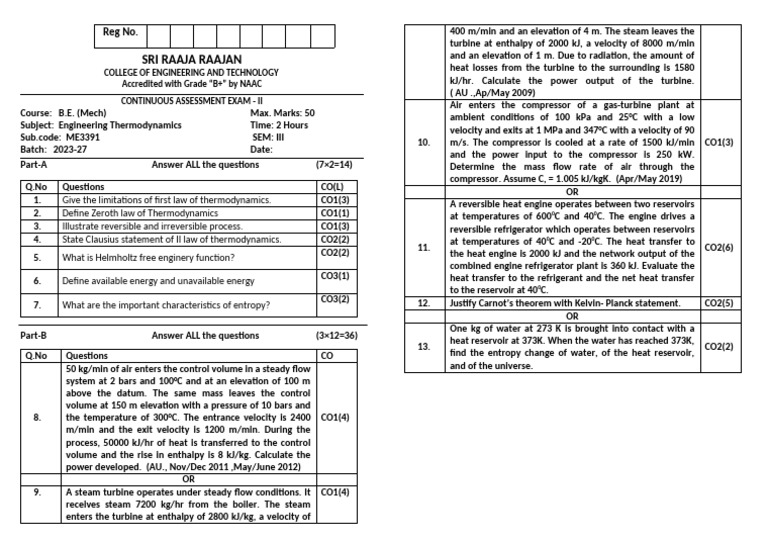 ME3391 Engineering Thermodynamics Exam | PDF | Heat | Enthalpy