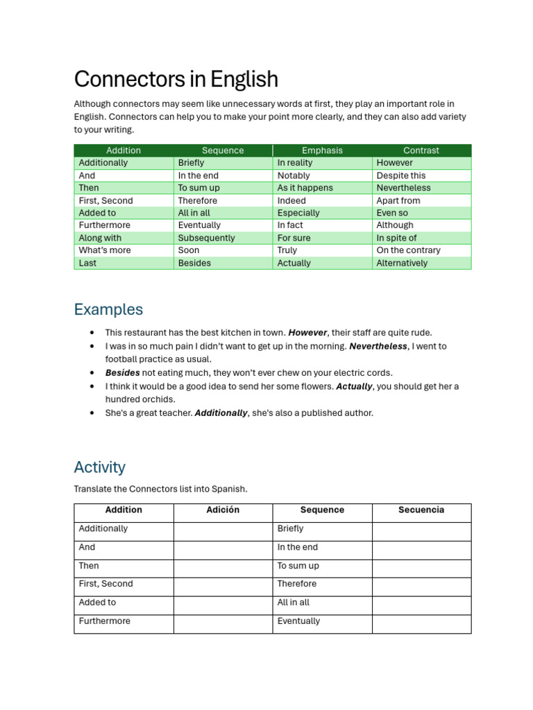 Essential English Connectors List | PDF | Linguistics