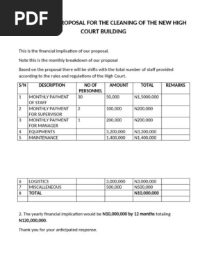 FINANCIAL PROPOSAL FOR THE CLEANING OF THE NEW HIGH COURT BUILDING