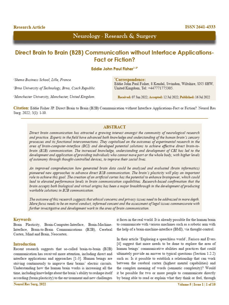 Direct Brain To Brain (B2B) Communication Without Interface ...