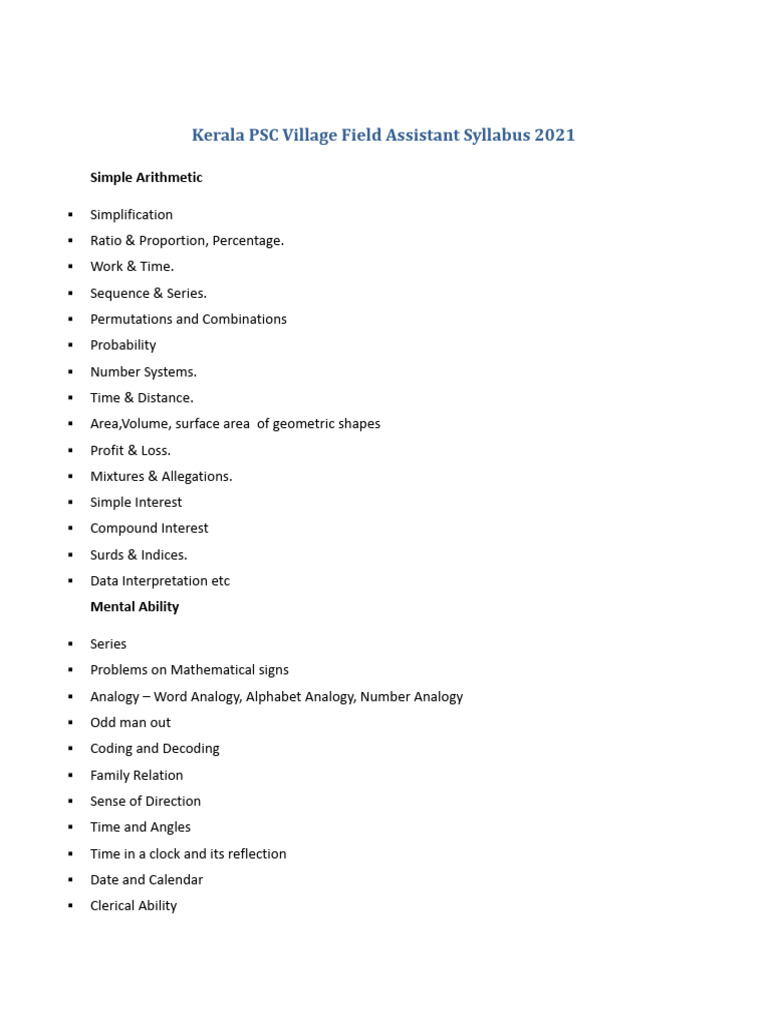Kerala Psc Village Field Assistant Syllabus 2022 Docx Pdf