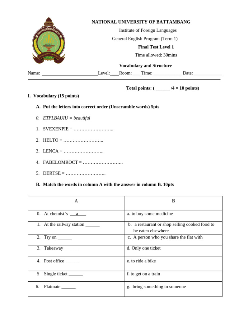 Level 1 General English Final Test | PDF