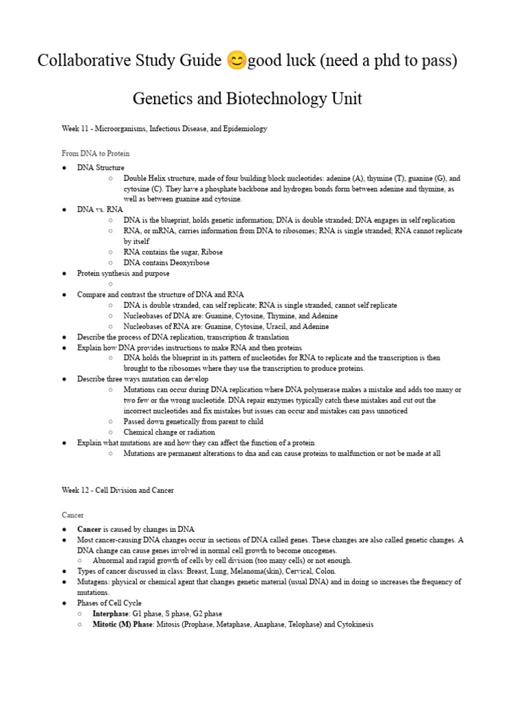 Genetics and Biotechnology Study Guide | PDF | Dna | Rna