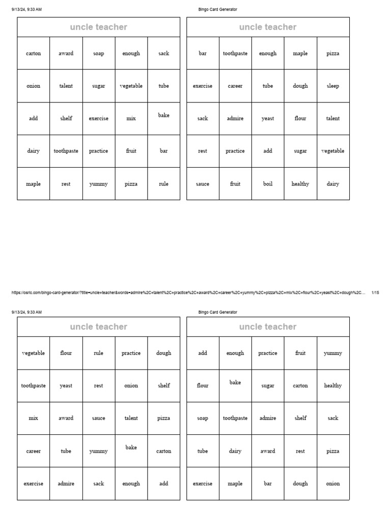 Bingo Card Generator L3 Pdf Foods Baking