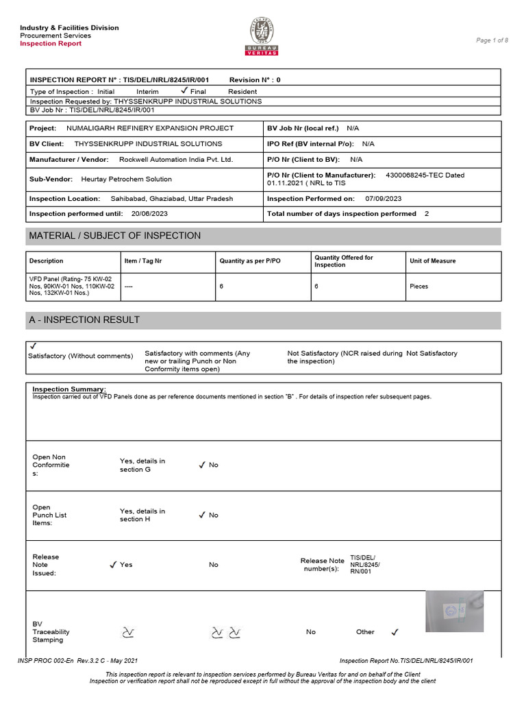 VFD Panel Inspection Report for NRL Project | PDF | Electrical ...
