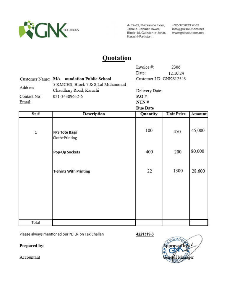 Invoice and Quotation for Foundation School | PDF