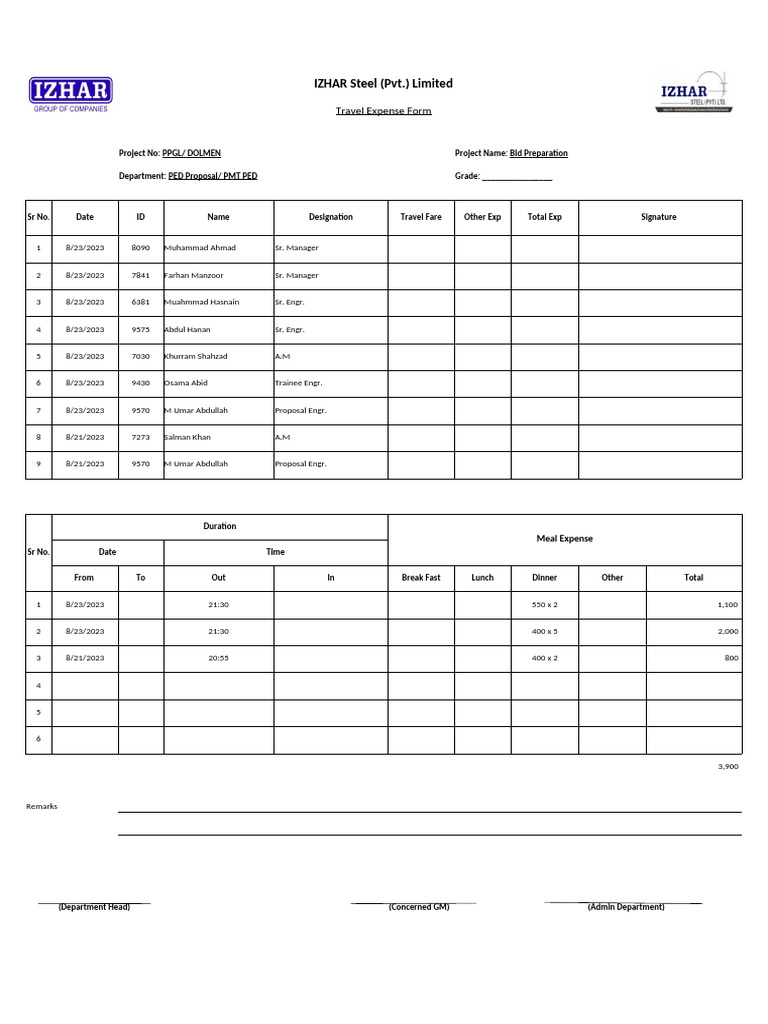 Travelling Exp Form | PDF