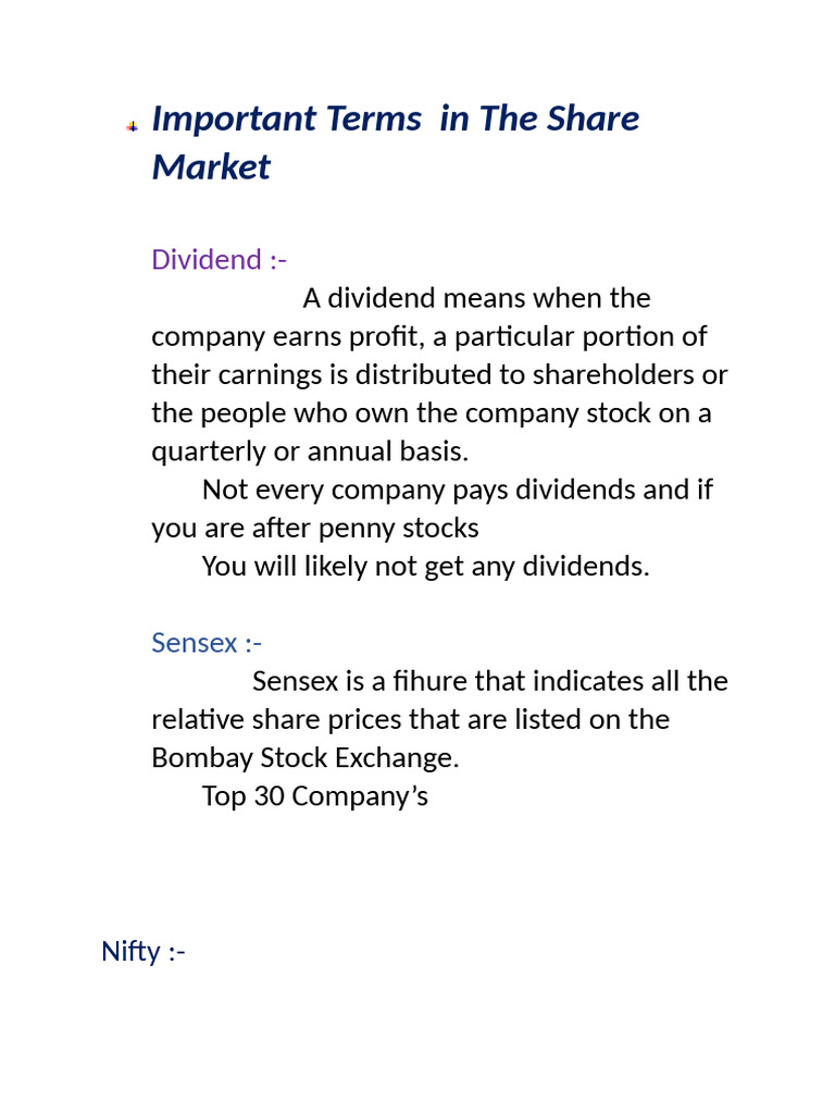 Key Terms in Share Market Basics | PDF | Stocks | Market Trend