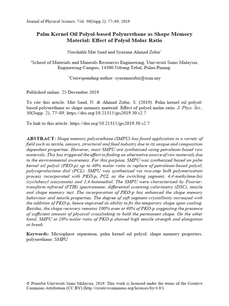 Palm Kernel Oil Polyol in Shape Memory Polyurethane | PDF ...
