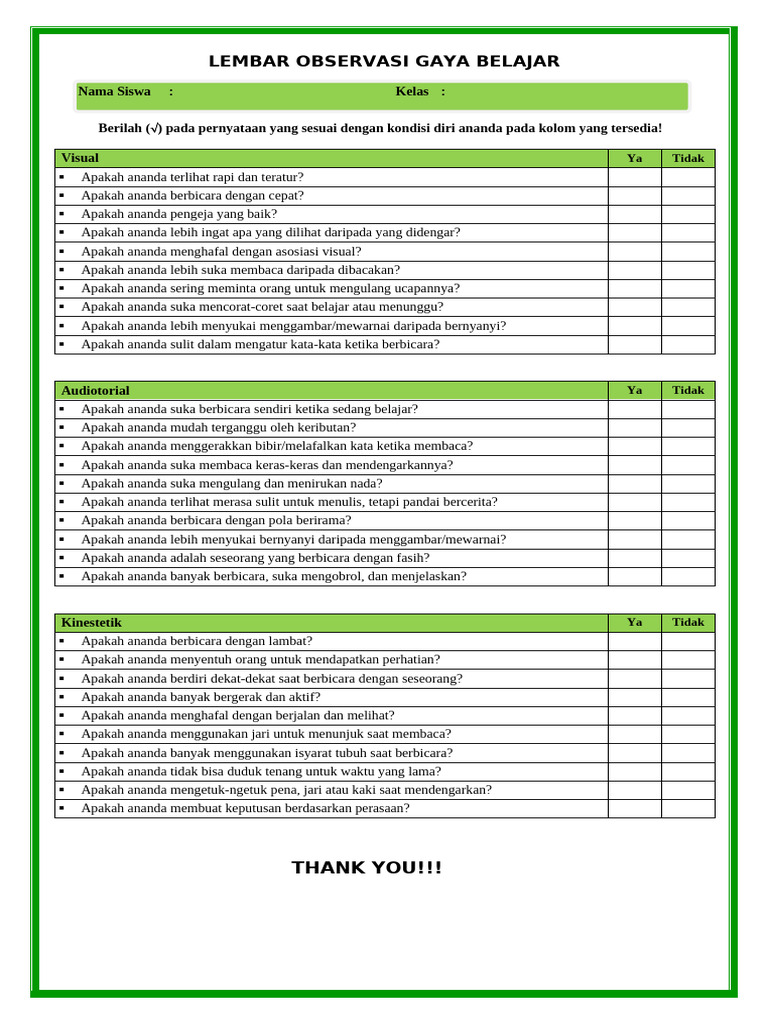Lembar Observasi Gaya Belajar Siswa | PDF