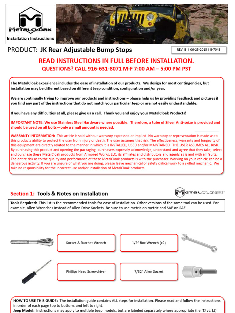 II 7043 JK Rear Adjustable Bump Stops Installation Instructions | PDF