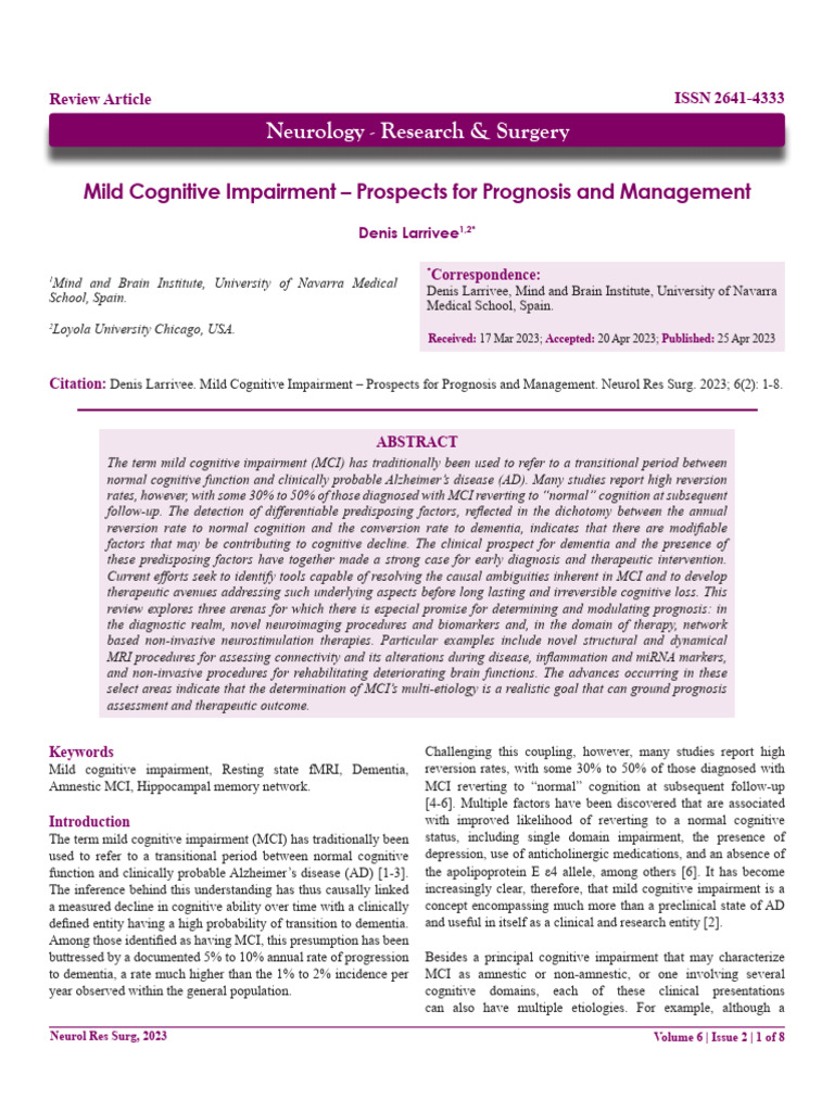 Mild Cognitive Impairment - Prospects For Prognosis and Management ...