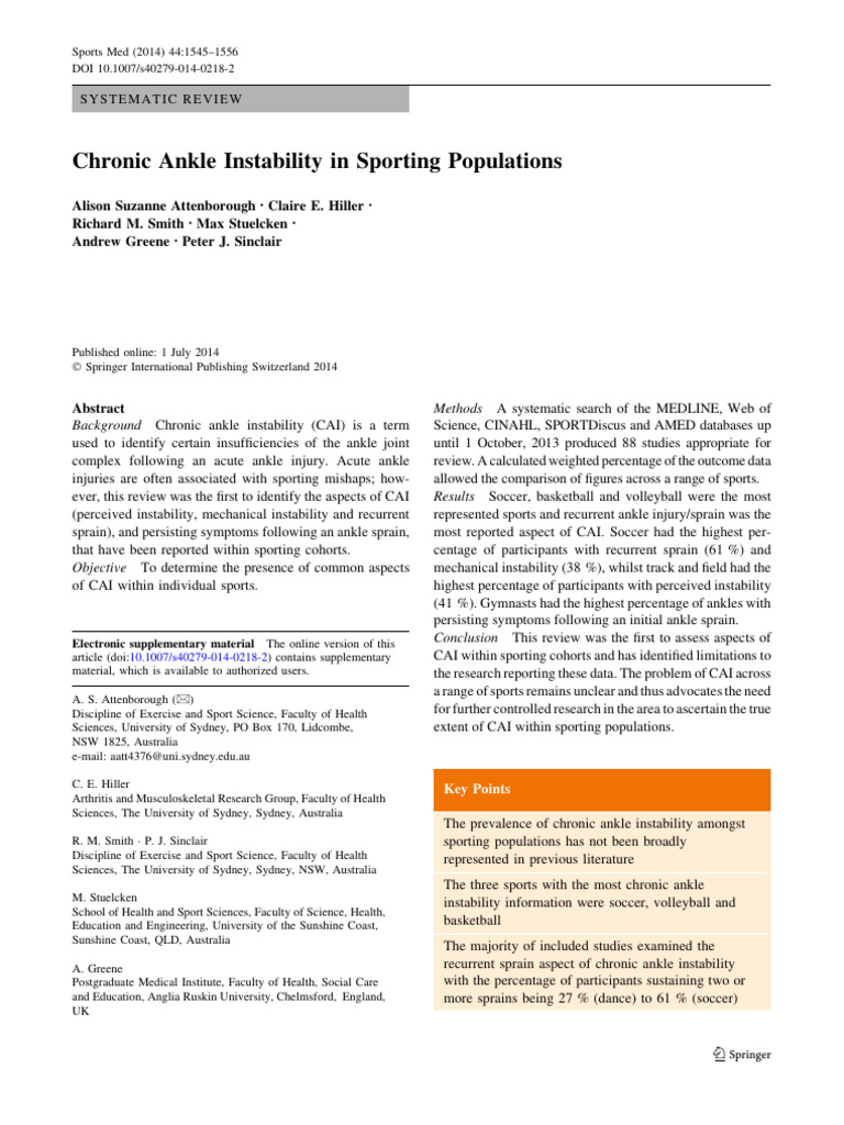 Chronic Ankle Instability in Sporting Populations | PDF | Ankle ...