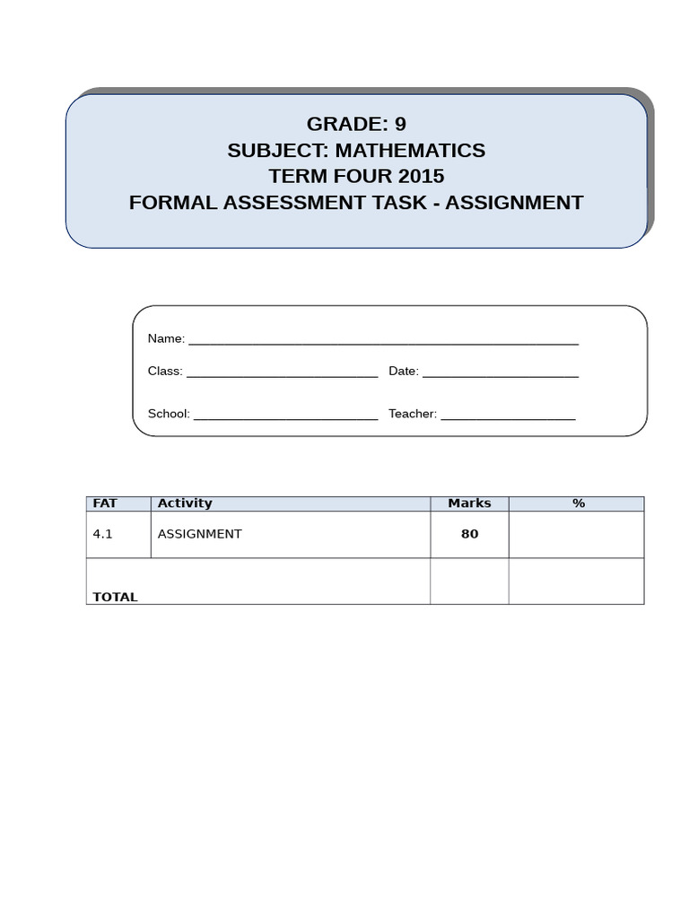 Grade 9 Mathematics FAT 4 1 Assignment Term 4 | PDF | Shape | Area