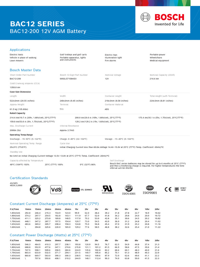 Bosch BAC12-200 Battery Specifications | PDF | Electromagnetism ...