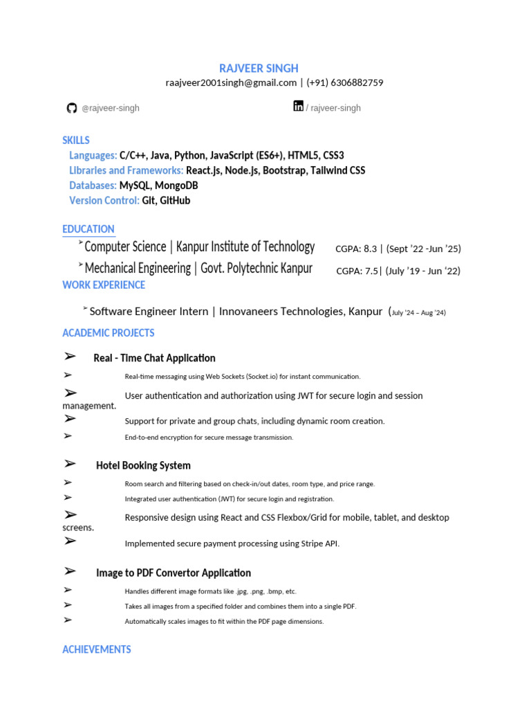 Rajveer Singh - Software Developer Resume | PDF | Art | Computers