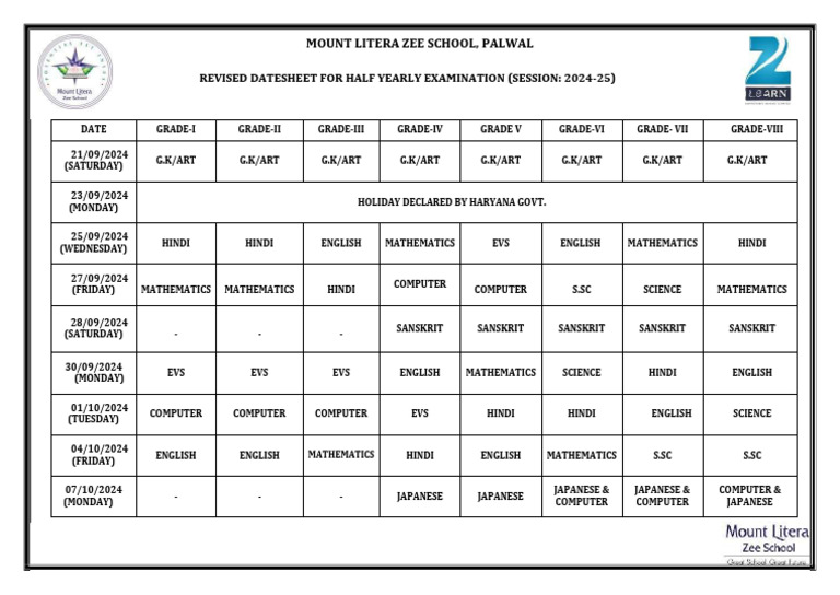 Revised Half Yearly Examination Datesheet 2024 | PDF