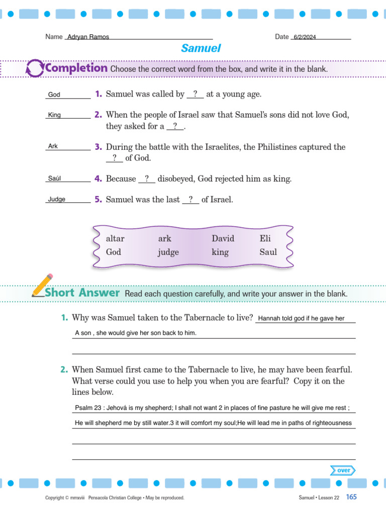 Bible 3 Curr Samuel Review Sheets | PDF | Samuel | Books Of Samuel