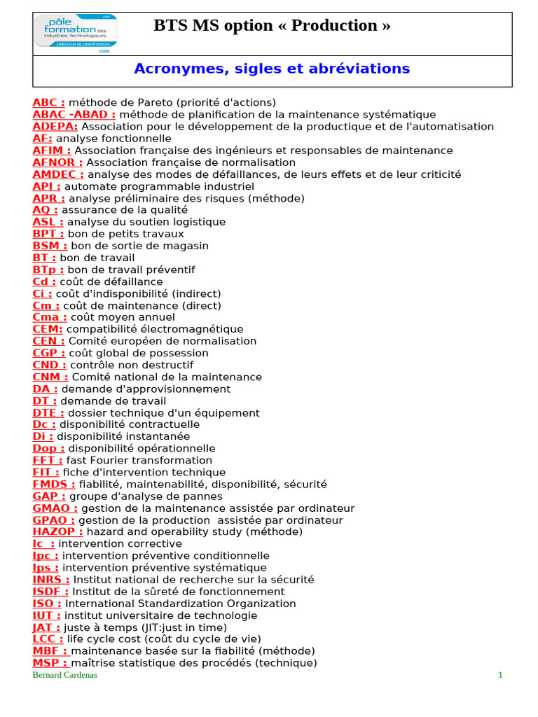 Abréviations en BTS MS Production | PDF | Qualité | Analyse systémique