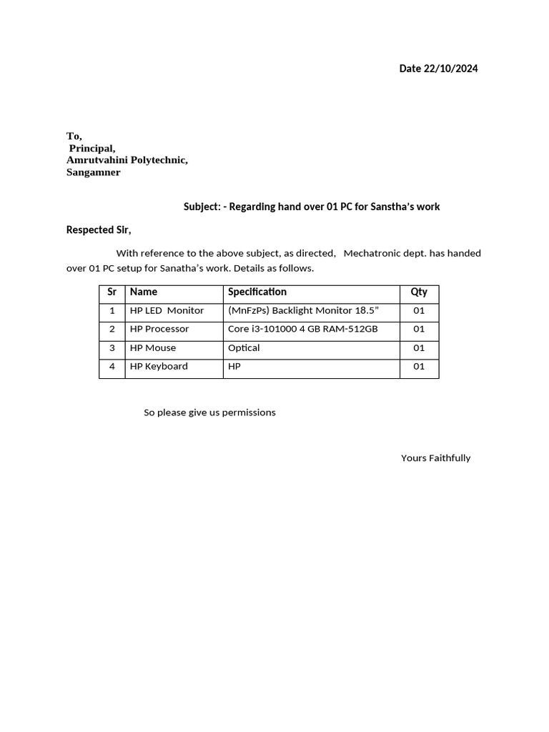 PC Handover for Sanstha Work | PDF