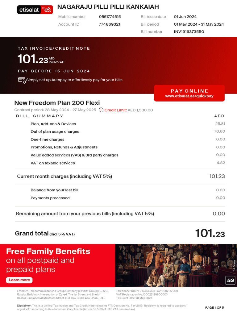 New Freedom Plan 200 Flexi Invoice | PDF | United Arab Emirates | Value ...