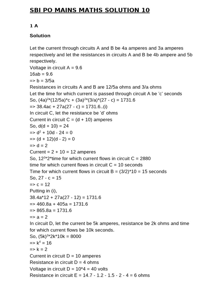 SBI PO Mains Maths Solutions | PDF | Volt | Electrical Resistance And ...