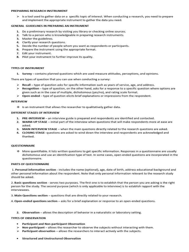 Research Instrument Preparation Guide | PDF | Survey Methodology ...
