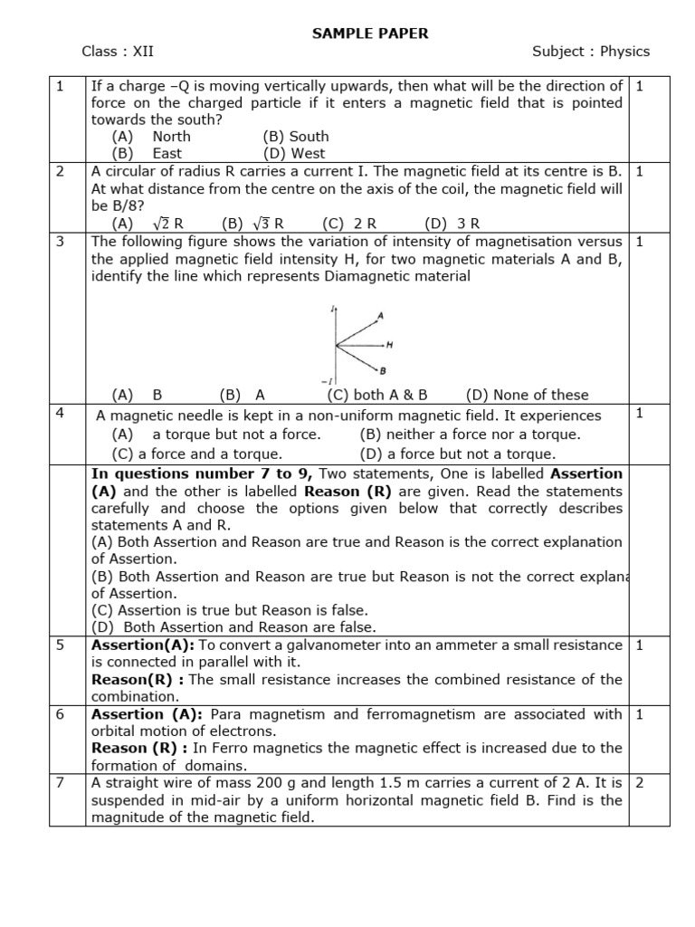 Class XII Physics Magnetic Field Questions | PDF | Magnetic Field ...