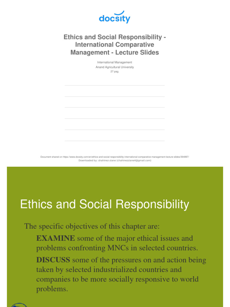 Ethics and Social Responsibility International Comparative Management ...
