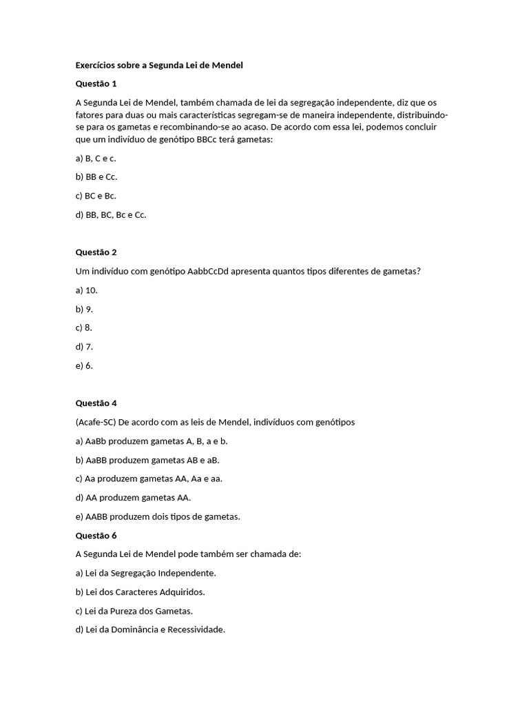 Exercícios sobre a Segunda Lei de Mendel | PDF | Evolução biológica ...