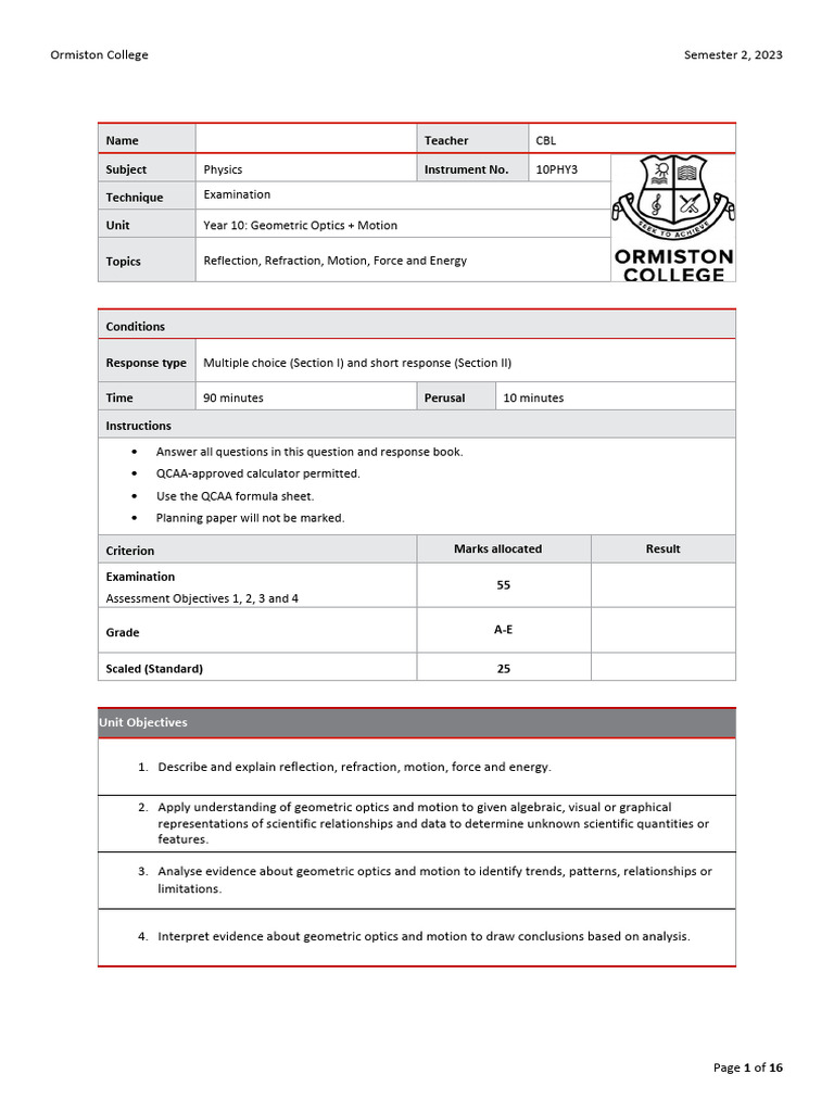 Year 10 Physics Exam: Optics & Motion | PDF | Force | Mass