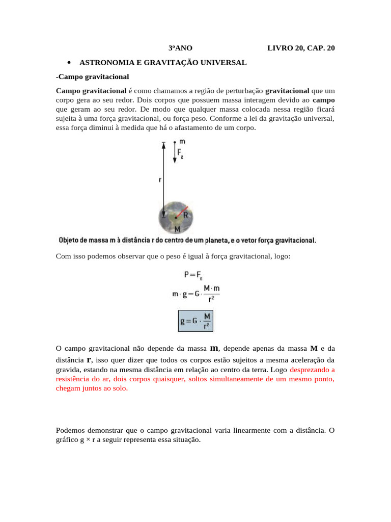 Campo Gravitacional: Conceitos e Fórmulas | PDF