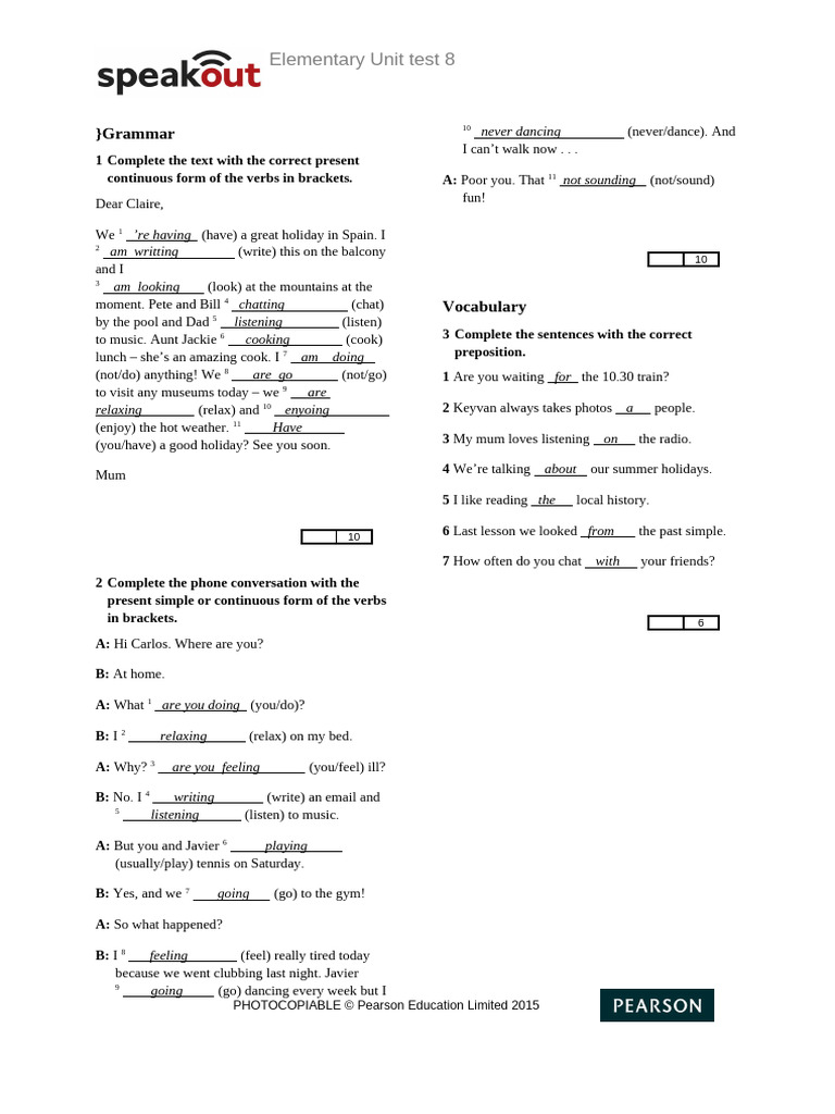Elementary Unit Test 8: Grammar & Vocabulary | PDF | Linguistics | Grammar