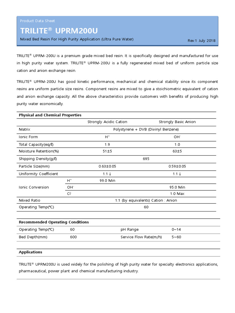 Mixed Bed Trilite UPRM200U | PDF | Ion | Materials Science