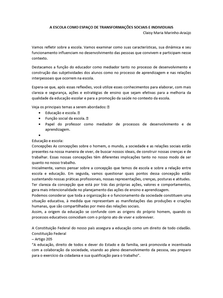 Escola: Transformação Social e Aprendizagem | PDF | Sociedade | Aprendizado