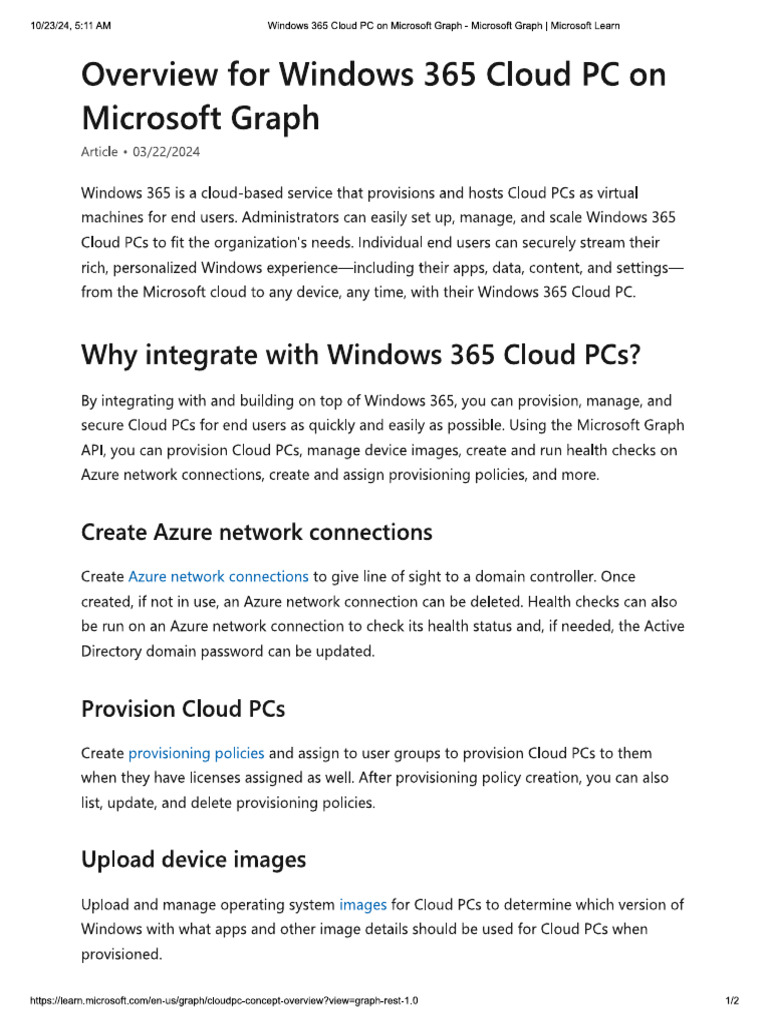 Overview for Windows 365 Cloud PC on Microsoft Graph | PDF