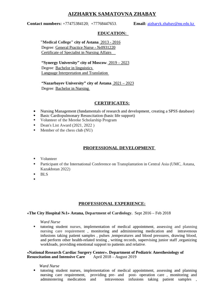 Aizharyk cv 1 11 2 pdf nursing medical specialties