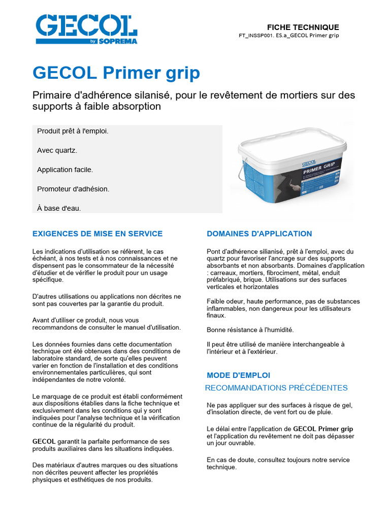 GECOL Primer Grip : Adhérence Optimale | PDF | Mortier (matériau)
