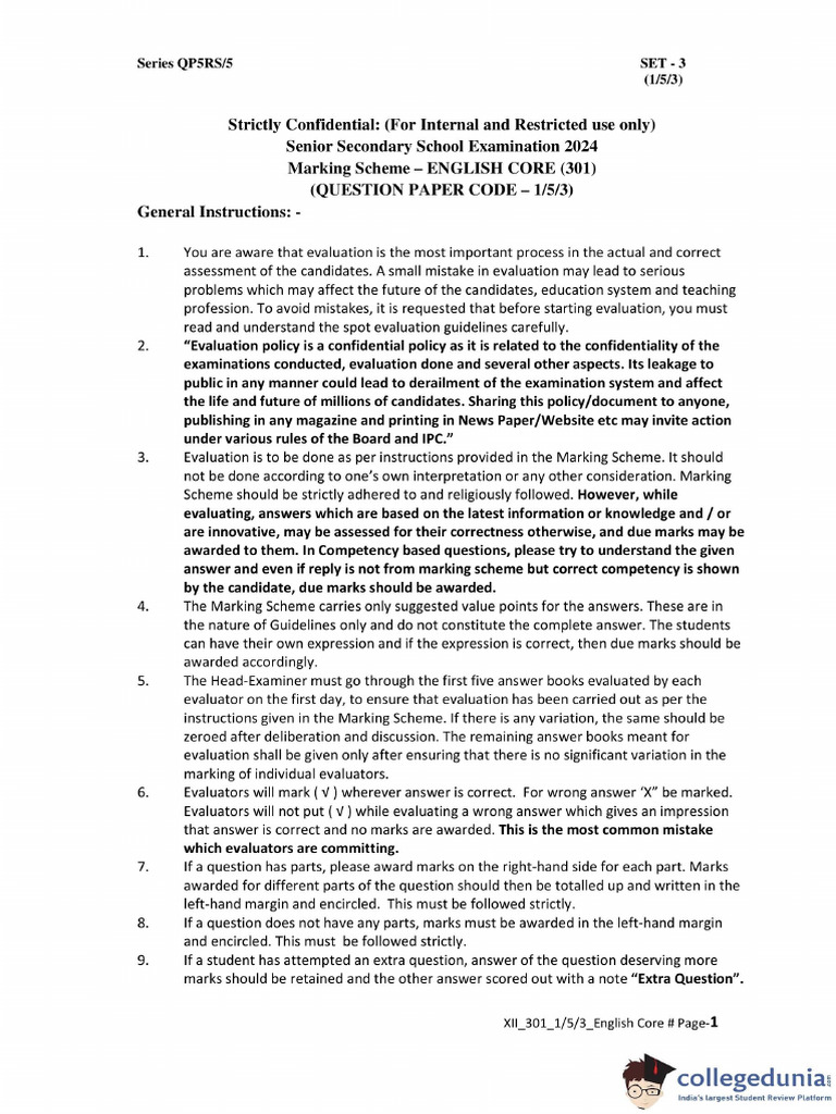 Class 12 English Answer Key 2024 Set 3
