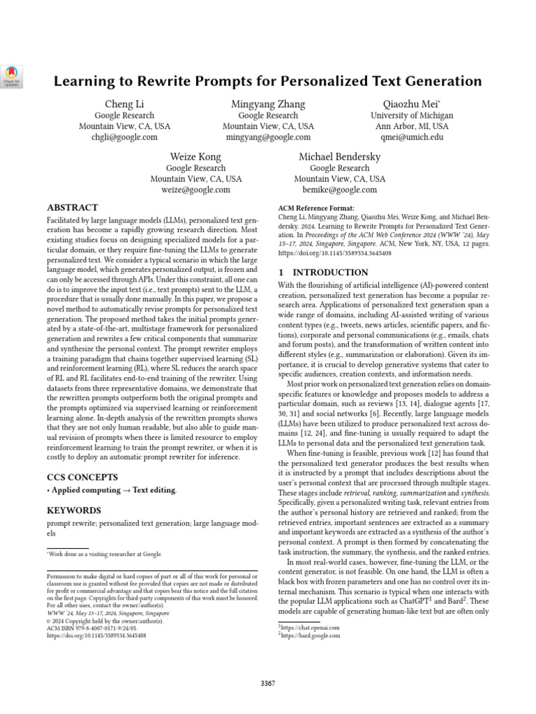 Learning To Rewrite Prompts For Personalized Text Generation | PDF ...