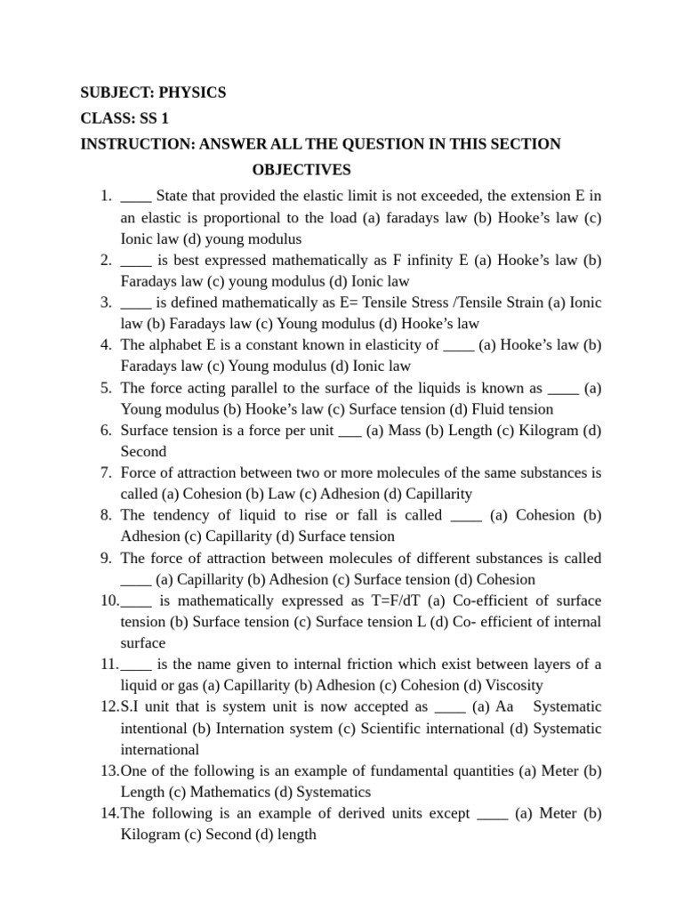 Physics and Chemistry Exam Questions | PDF | Carbon | Young's Modulus