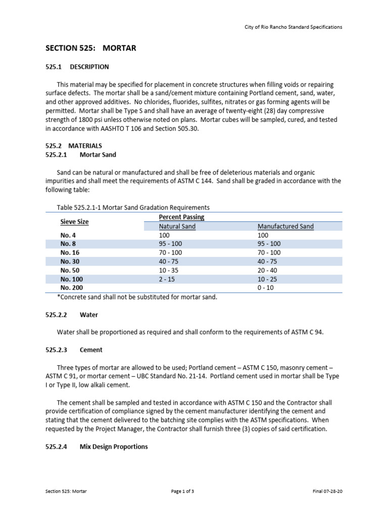 Section 525 Mortar | PDF | Cement | Mortar (Masonry)