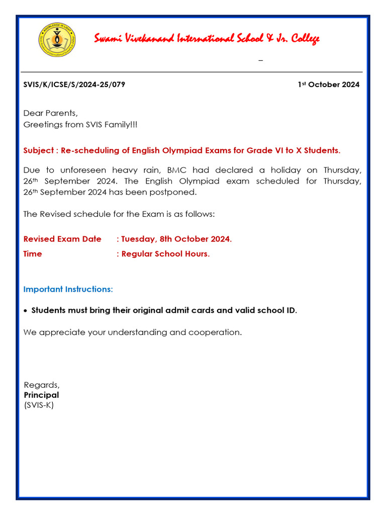 English Olympiad Rescheduled to Oct 8 | PDF
