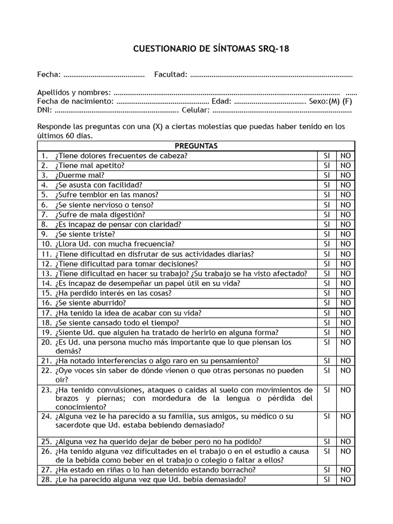 Cuestionario SRQ-18 de Síntomas | PDF