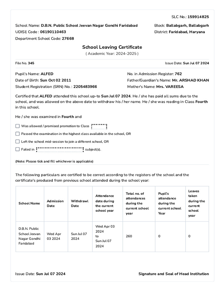 School Leaving Certi Cate | PDF